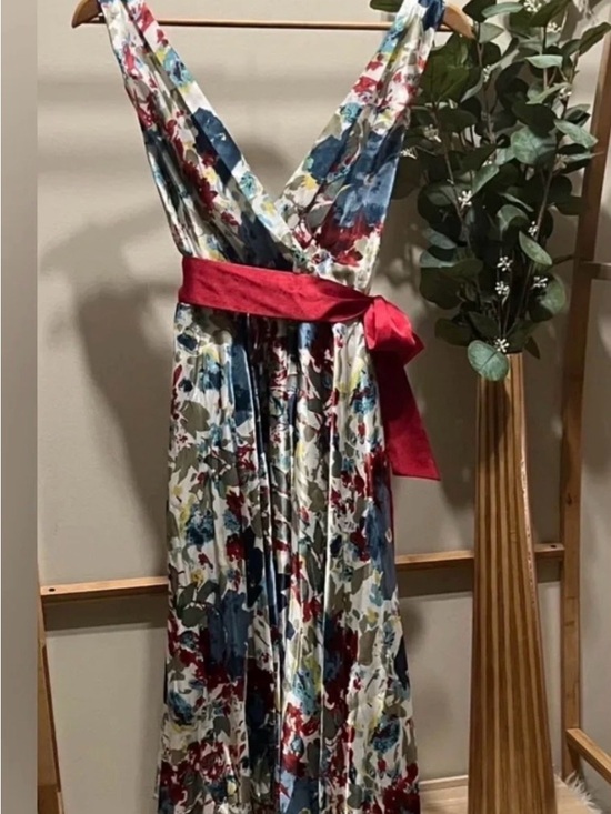 Lapis Dresses & Skirts - Lapis Multicolor Floral Maxi Dress with Red Sash